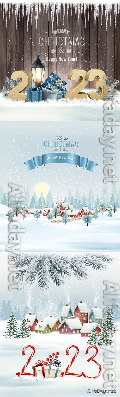 2023 vector holiday christmas background with winter landscape