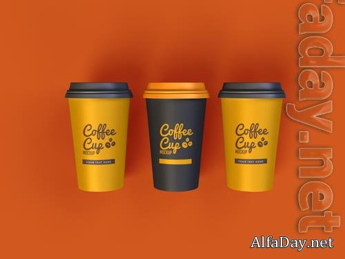 PSD coffee cup mockup design with dark yellow background