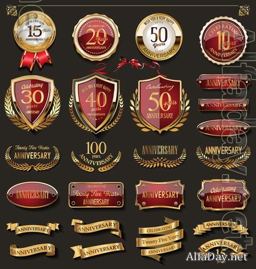 Vector collection of elegant red and gold anniversary badges a