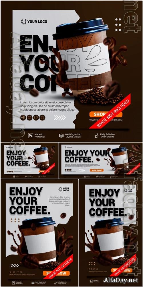PSD enjoy your coffee new menu special coffee drink cafe restaurant for promotion poster banner template