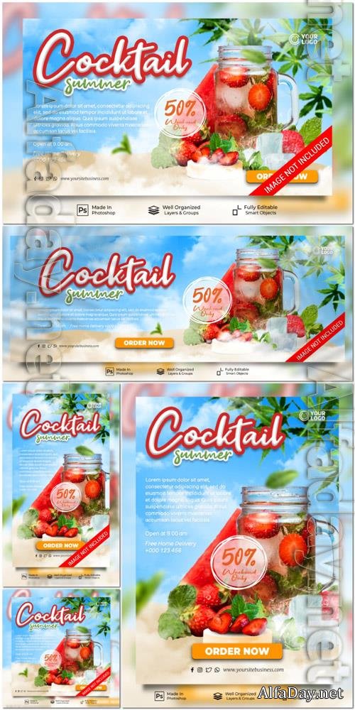 PSD fresh cocktails summer new drink menu restaurant social media post website banner template