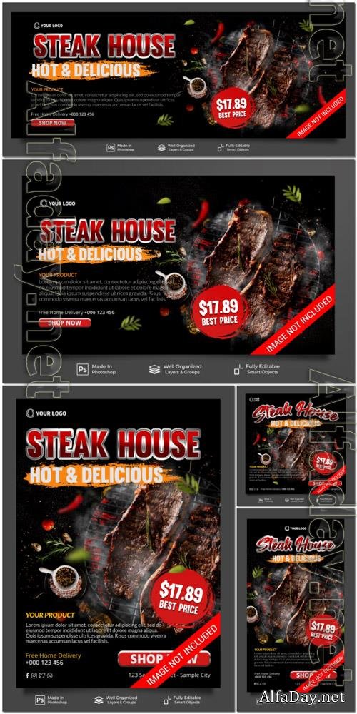 PSD steak house hot and delicious menu restaurant promotion poster banner template