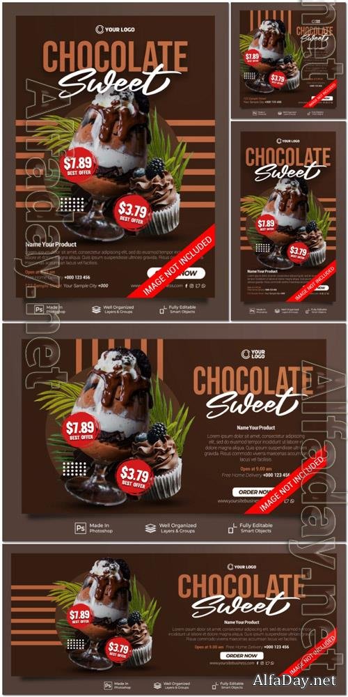 PSD sweet chocolate drink and cake menu cafe social media post webiste banner template