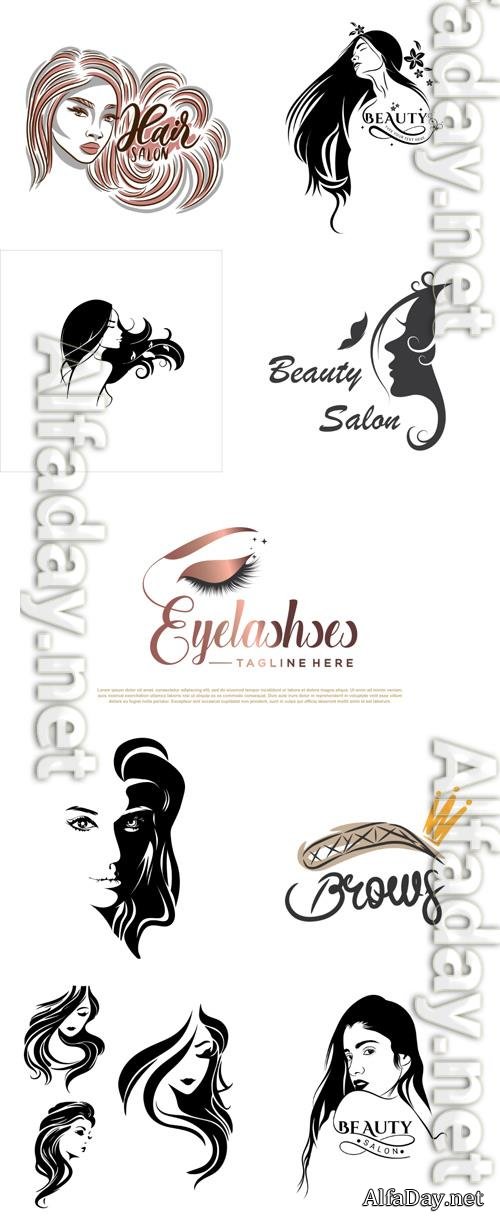 Beauty salon logo design with beautiful girl illustration and calligraphy