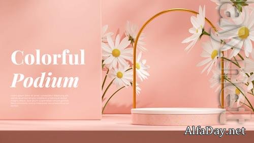 PSD mockup space white and pink podium in landscape white daisy and arch 3d rendering
