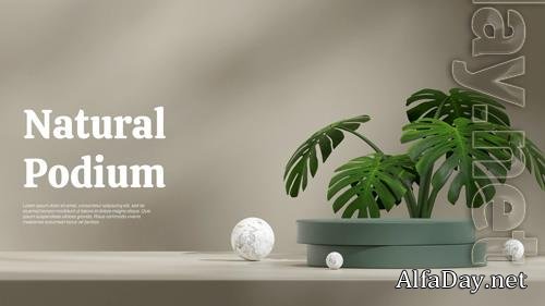 PSD monstera plant and marble ball 3d render empty scene dark green cylinder podium in landscape