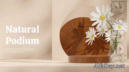 PSD daisy flower and light brown wall 3d image render empty scene wooden cylinder podium in landscape