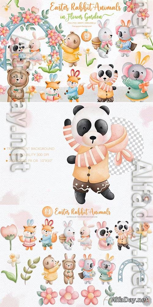 Easter Rabbit Animal in Flower Garden Collection [PNG]