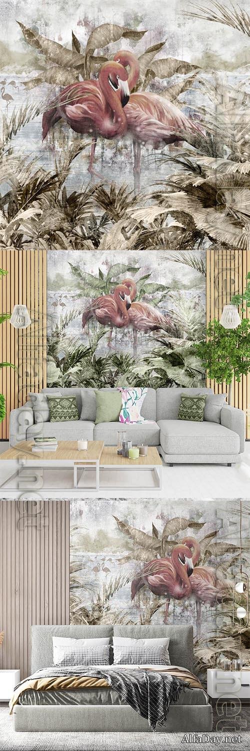 Flamingos and tropical leaves - Wallpaper for interior