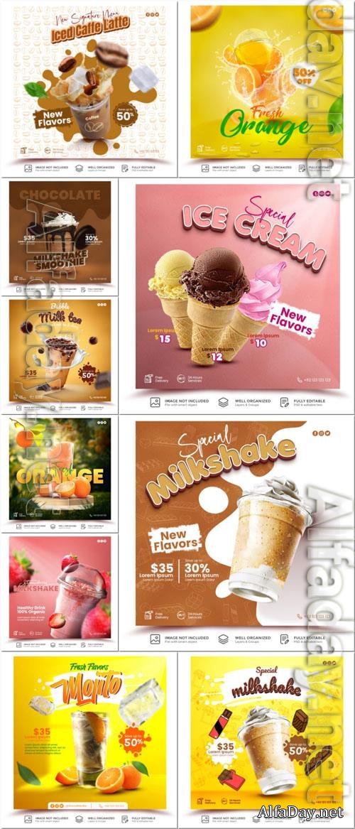 Flyer food and drink social media post, psd banner set vol 178