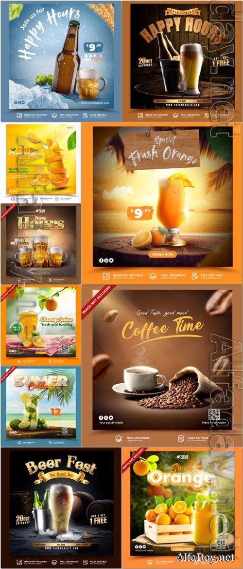 Flyer food and drink social media post, psd banner set vol 179