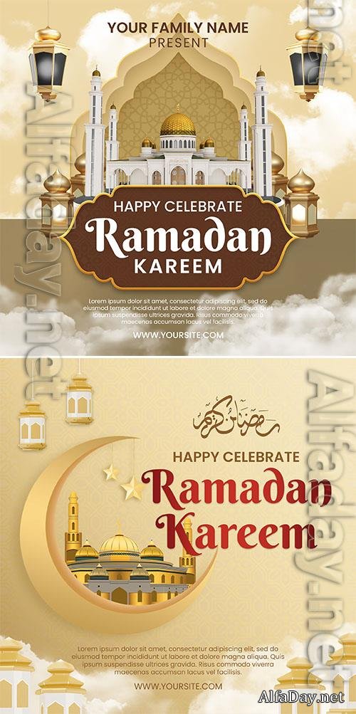 Ramadan kareem psd poster with a picture of a mosque and a month