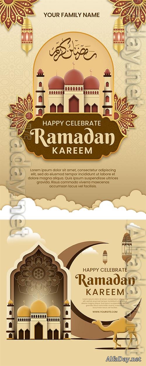 Ramadan kareem psd poster with a picture of a mosque and a camel