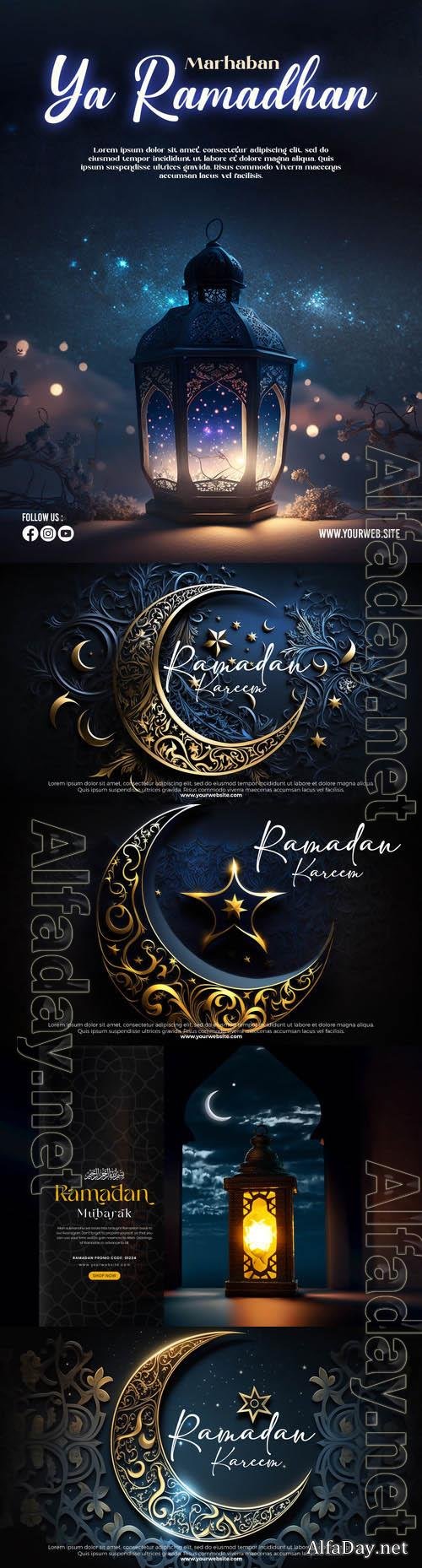 PSD ramadan kareem banner template with 3d render islamic background