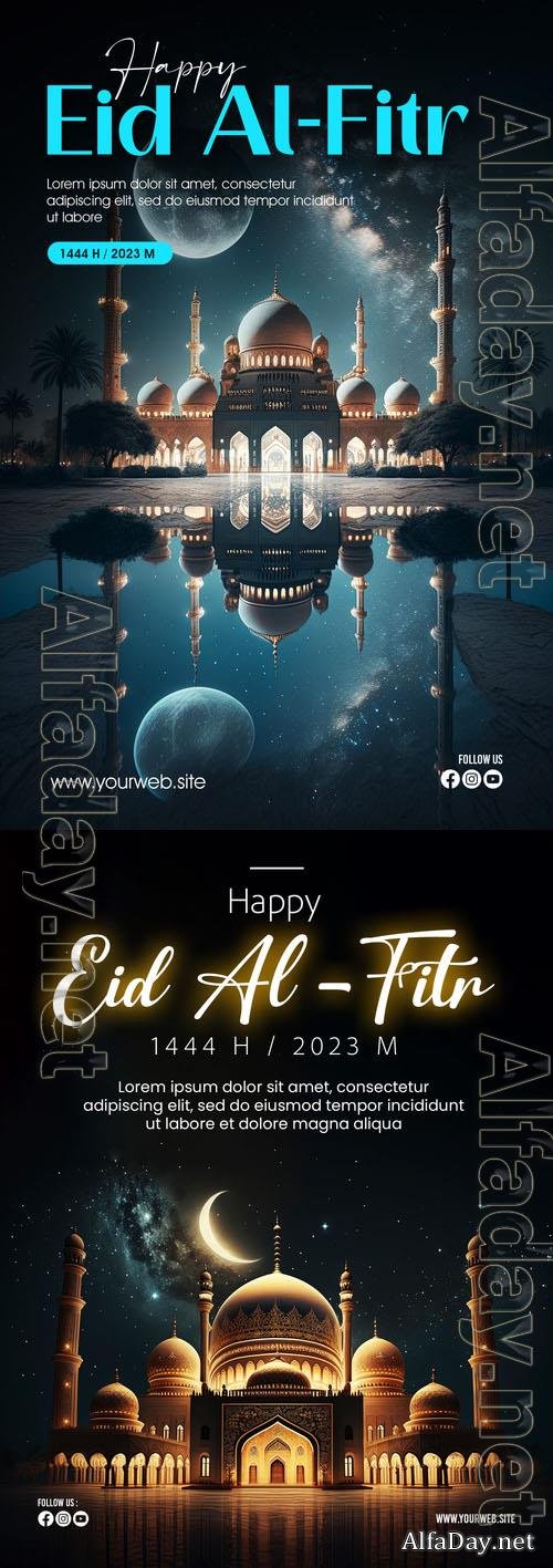 PSD happy eid al fitr poster with mosque and crescent moon background