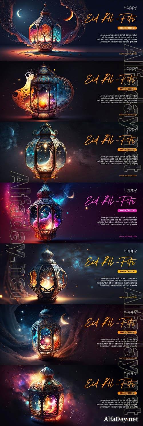 PSD happy eid al fitr poster with arabic lantern background